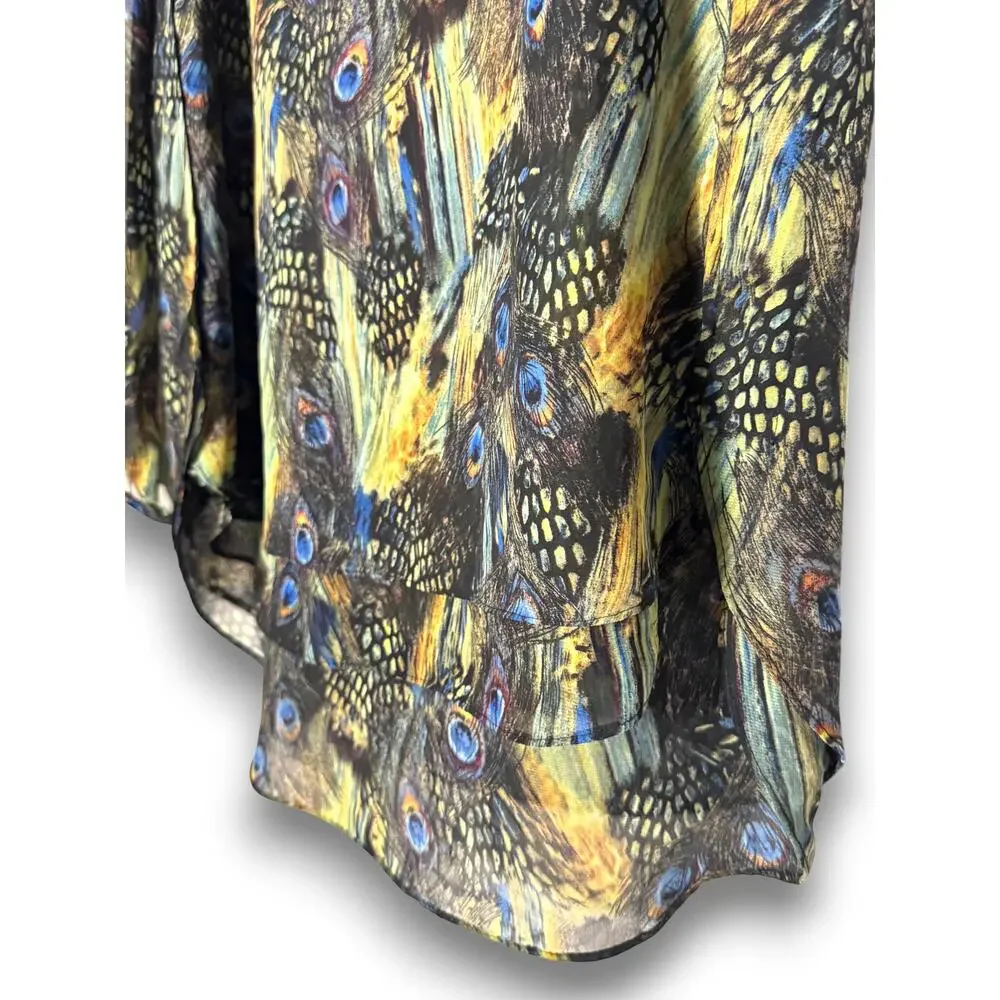 Zac and Rachel Women Medium Peacock Feather Print Sheer Layered Blouse Blue Gold - Picture 3 of 8